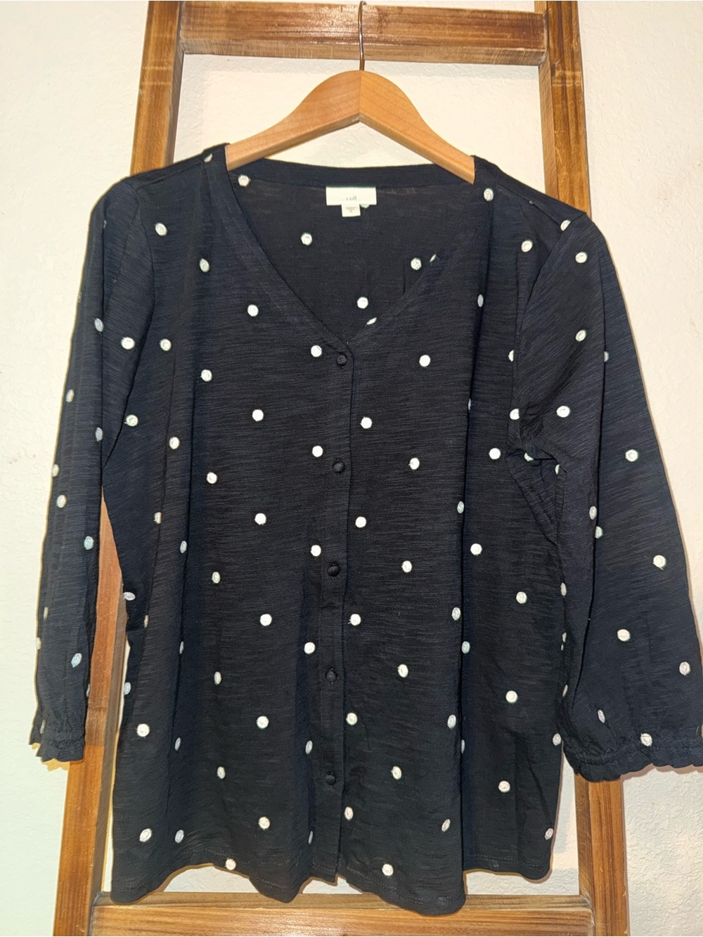 J. Jill 100% Cotton Black/White Polka Dot Button Front Blouse Preppy Minimalist